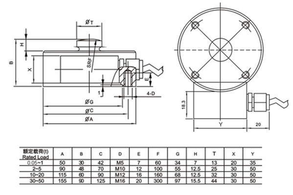 YBSC-5t称重传感器产品尺寸图