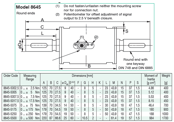 Model 8645扭矩传感器产品尺寸图