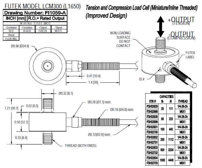 美国Futek LCM300-500lb力传感器产品尺寸图